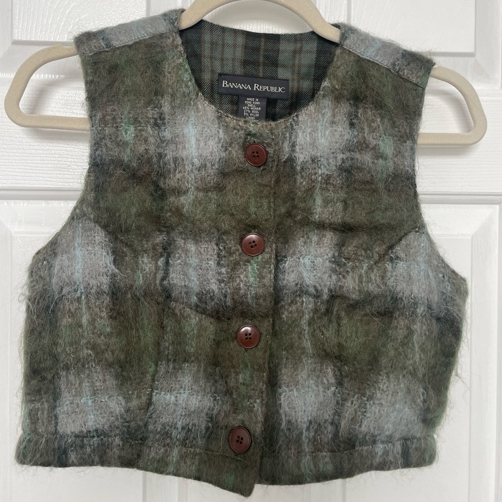 Banana Republic Wool, Mohair Green Vest with Plaid lining, Brown Button Vintage